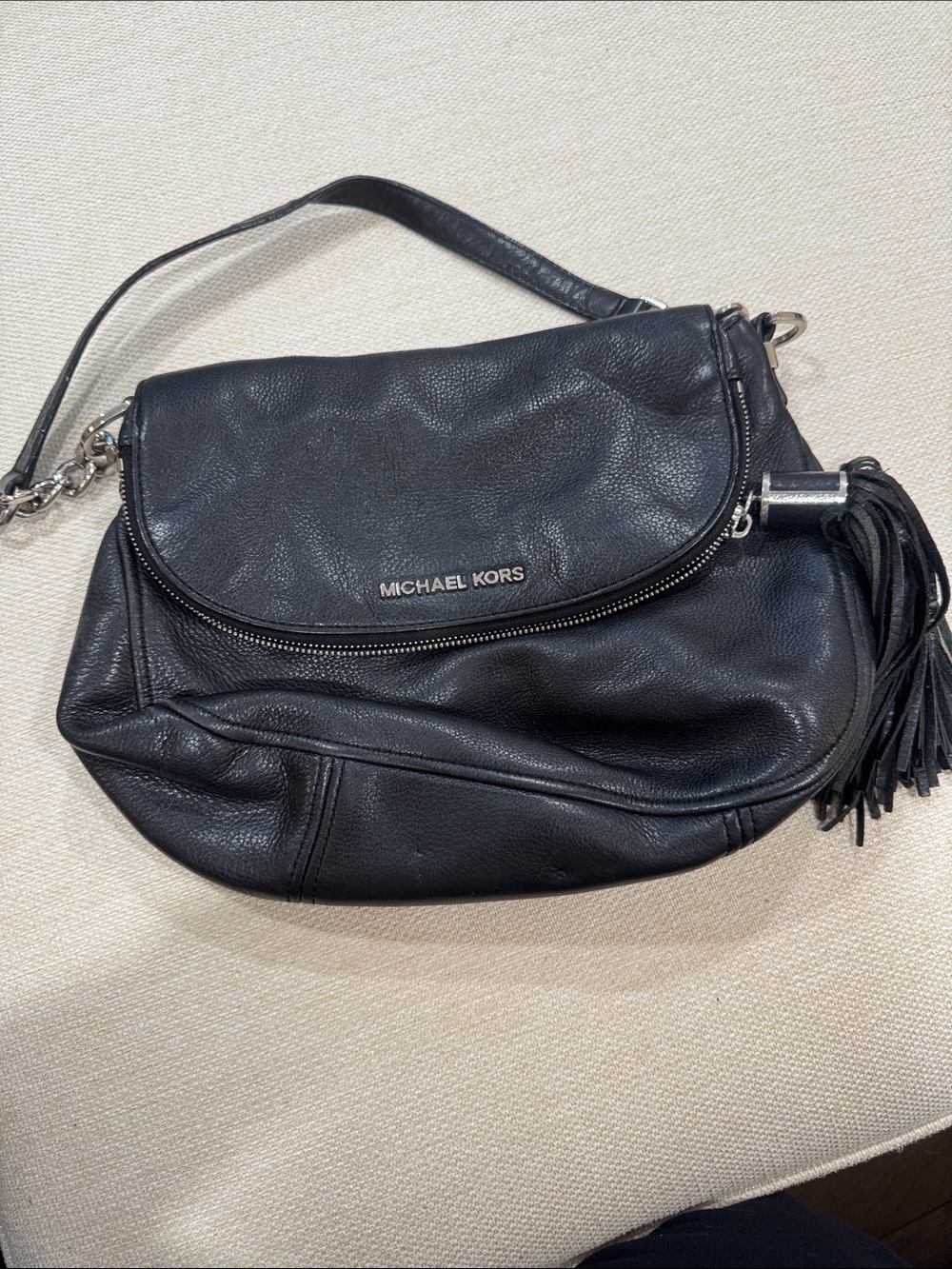 Michael Kors Black Pebbled Leather Shoulder Bag with Tassel